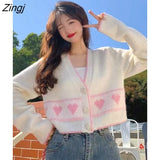 Autumn Elegant Sweet Knitted Cardigan Women V-neck Korean Style Loose Coat Female Loose Warm Long Sleeve Chic Casual