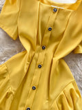 Vintage Square Collar Single Breasted Mini Dress Women Elegant Short Sleeve High Waist Ruffle Patchwork Casual