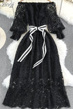 Autumn Vintage Women Hollow Out Lace Party Dress Sexy Slash Neck Off Shoulder Lantern Sleeve High Waist Vestidos 2023