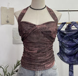 Solid Shot Tie-Dye-Dyed Denim Print Folding Mesh Sling Sling Sling Neck With Bow Striped Backwear