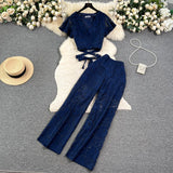 Zingj Socialite Style Suit Female Summer Lace Embroidery Hollow Out V Neck Tied Waist Short Shirt Jacket Wide Leg Slim