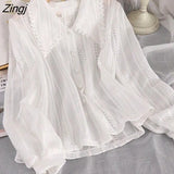 Design Hollow Out Blouse Women Korean Pearl Button Puff Sleeve Tops Elegant Peter Pan Collar Lace Patchwork Shirt