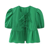 New Bubble Sleeve With Solid Color Short Top