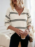 And Winter Loose V-Neck Stripes Bumpy Long-Sleeved Polo Shirt