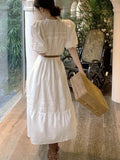 Lace Hollow Out Dress Women Boho Beach Dress Female Midi A-Line Casual Dress Ladies Elegant Long Holiday Dress