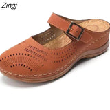 New Women Flat Shoes Mules For Women PU Leather Round Head Sandals Closed Toe Sandals Women Slipper Non-slip Retro