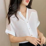 Summer Women Shirts Pullover Chiffon Short-Sleeved Women Tops Solid Color Mesh V-neck Women Clothing camisas mujer