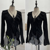Wind To Make Old Hole Horn Long Sleeve Open Shirt Tie With Lotus Leaf Side V Collar Sunscreen Shirt
