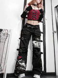 Cloth Forget Autumn Dark Black Personality Street Pocket Open Fork Straight Pants Print Casual Denim Hanging