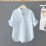 Short-Sleeved Solid-Colored Shirt Women 2025 Summer New Outer Shirt Design Sense Double Pocket Loose Thin Top