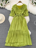 Vintage Women Irregular Pleated Dress Elegant V-Neck Ruffle Short Puff Sleeve High Waist Draped Midi Robe With Belt