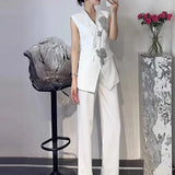 Sets Of 2025 Autumn And Winter New Sleeveless Nail Drill Flower Top High Waist Broad Leg Trousers Set