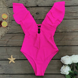Printed Flowers Even Lotus Leaf Side Body Swimsuit Women 2025 New Swimsuit Bare