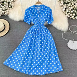 Summer French Retro Skinny Bubble Short-Sleeved V-Neck A-Shaped Dress Elegant Temperament Long