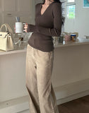 Tea Color V-Neck Knitted Shirt Slimy Temperament Fashion Thin Inside The Bottom Shirt Tight Cashmere Sweater