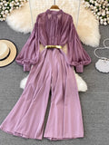 do vintage macacões outono lanterna manga longa gola de cintura alta perna larga drapeado macacão feminino elegante playsuits