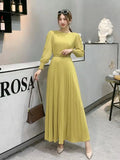 Ripe Wind High Waist Round Collar Dress Spring And Autumn New Temperament Solid Color To Show Thin Waist Swing 100 Rhetum Long