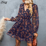 PETAL Black Floral Chiffon A-Line Mini Dress Woman Sexy V-neck Long Sleeve Party Dress 2023 Spring Autumn Female