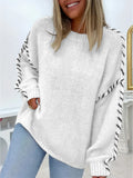 Leisure Pure Color Round Collar Knitted Shirt Wear Rope Design Loose Lanky Long Sleeve Sweater Female