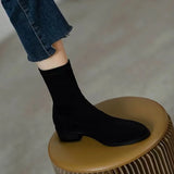 2025 New Round Head Low Heel Middle Socks Boots Suede Stitching Elastic Thin Boots Thick Heel Ankle Boots