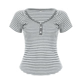 Trendy Base Simple Stripe Bump V Collar Three Buckle Short-Sleeved T-Shirt Top 2025