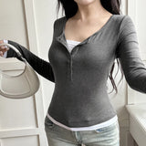 Fashion Street Babes Fake Two T-Shirt Half-Necked Buckle Casual Knitted Long-Sleeved Bottom Shirt Autumn