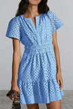 Women's V-Neck A-Shaped Hollow Lace Folded Short-Sleeved Mini