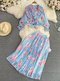 Floral Printed Two Piece Set Spring Autumn V-Neck Ruffle Draped Flare Sleeve Chiffon Blouse+High Waist Pleated Skirt