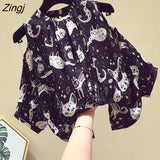 Goth Dot Print Blouse Women Summer Sexy Off Shoulder Chiffon Top Plus Size Korean Style Lantern Sleeve Loose Retro