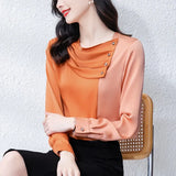 Women Shirt Silk Color Matching Blouses for Women Pleated Diagonal Button Clothes Women O-neck Long Sleeve Basic