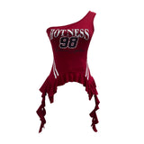 Shooting Retro Jersey Vest Letter Print Oblique Shoulder Hottie Wearing Lotus Edge Ribbon Ribbon Short Top