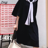 Women Hot Sale L-4XL Summer Baggy Simple All-match Cozy Sailor Collar Patchwork Students Preppy Style Ulzzang