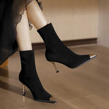 High-Heeling Short Boots Women 2025 Autumn And Winter New Black Metal Head Fine And Elastic Velvet Face Thin Socks