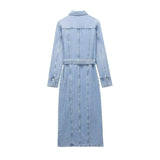 Summer New Temperament Lapel Long Sleeves Do Old Jeans Belt Dress Female