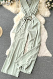 Vintage V-Neck Wide Leg Jumpsuits Women Elegant Red/Green/Orange Sleeveless High Waist Romper With Belts New Fashion