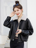 Fur Collar Plus Velvet Coat Women 2025 Winter New Small Loose PU Locomotive Jacket