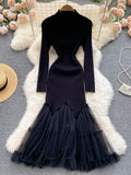 Winter Women Black/Red/Beige Mesh Patchwork Knitted Dress Vintage Long Sleeve High Waist Mermaid Vestidos Female