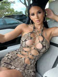 Knit Women Mini Dress Hollow Out Print Halter Sleeveless Bandage Bodycon Sexy Street Party Night Club Female