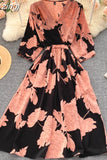 Women Flower Printed Midi Dress Spring Autumn Elegant V-Neck Slim Vestidos Casual High Waist A-Line Bohemian Robe