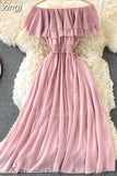 Chiffon Dress Women Sexy Slash Neck Ruffle Robe Elegant Ruffle High Waist Vestidos Female Beach Vacation