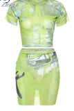 Y2K Summer Two Piece Sets Short Sleeves Tee Shirt And Mini Skirts Green Irregular Print for Women Casual Streetwear