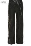 Women Autumn 2023 Y2K Black PU Leather Sexy&High Street Straight Pants Unique Side Slitted Buttons Floor-Length
