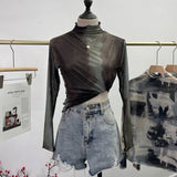 Shooting Wave Side Half-High Collar Net Yarn Dyed Long Sleeve Thin Inside The Bottom Shirt Autumn And Winter Folded T-Shirt