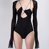 Mesh See Through Patchwork Bodysuits Party Clubwear 2023 Long Sleeve Black Hollow Out Low Cut Jumpsuits Romper