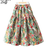 Flower Skirts Women Summer French Retro Elegant Aesthetic Jacquard High-waisted Long Midi Pleated A-Line Skirt