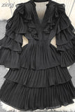 Vintage Women Cascading Ruffle Party Dress Elegant V-Neck Flare Long Sleeve High Waist A-Line Mini Vestidos Female