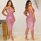 Zingj New Pure Color Sequins Sexy Halter V Collar Dress Dress