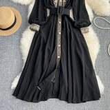 Zingj Sense Wear Temperament Long-Sleeved Autumn Dress Women's Niche Design Lace Spell Receive Waist Small Black