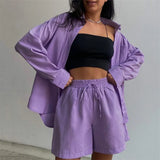Sleeve Solid Green Shirt Casual Fashion Tops Summer Cotton Suit Two Piece Set Homewear Set Trousers Straight Shorts