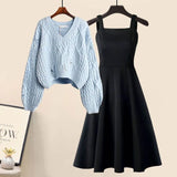 Zingj And Winter Suit Women's 2024 New French Feeling Cross Knit Sweater With Fishtail Dress Two Sets-Outfit
